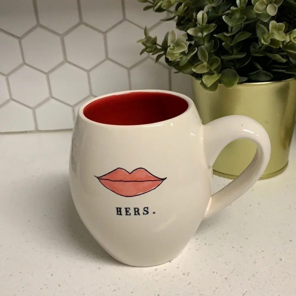 Rae Dunn Hers coffee tea‎ mugs lips valentines love gift red white.